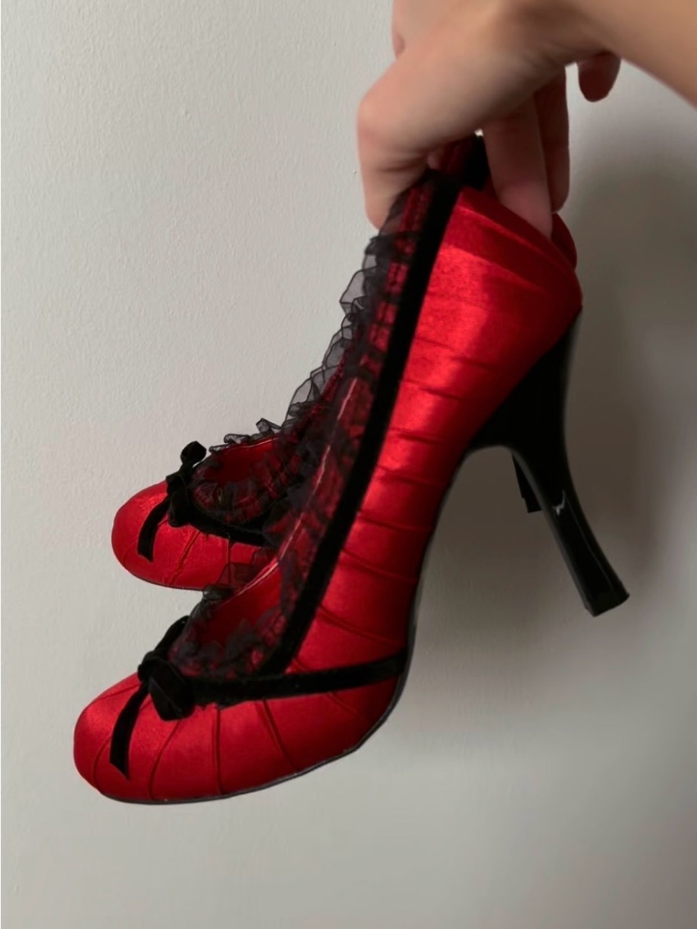 Ellie Red Satin Pump with Black Ruffle Trim